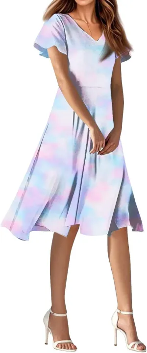 Women's Summer Dresses 2025 Short Sleeve Casual Midi Dresses V-Neck Floral Beach Vacation Party Dress