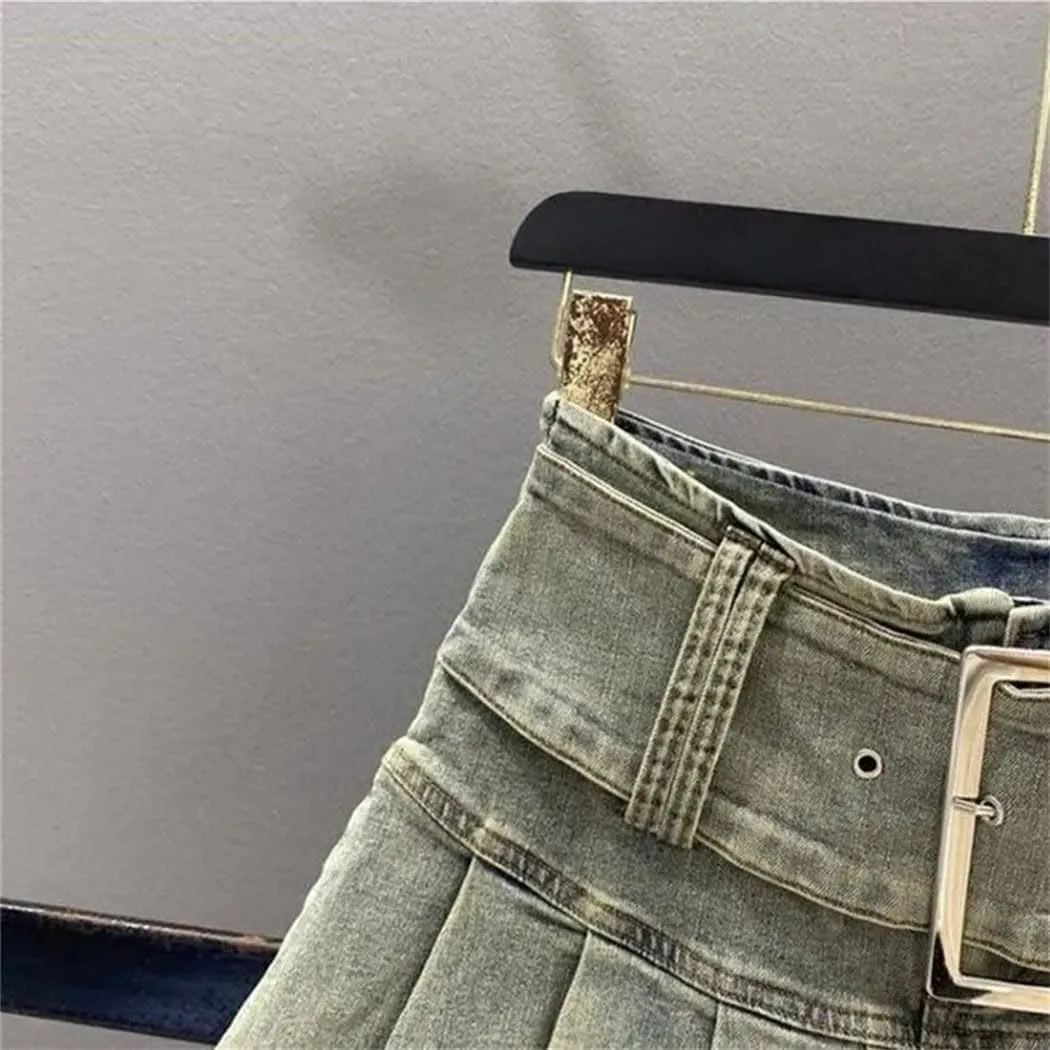 Women's Summer High Waisted Denim Pleated Short Skirt Motorcycle Mini Skirts