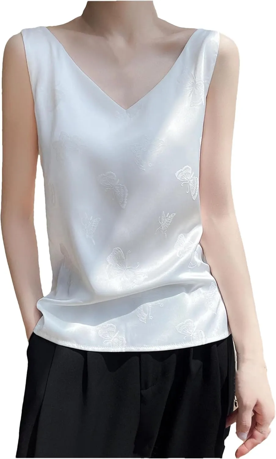 Women's Summer V-Neck Camisole Sleeveless Thin Vest Satin Tops Inside Bottoming Shirt