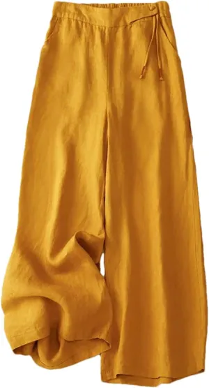 Women's Summer Wide-Leg Pants  High Waist Elastic Cotton Linen Loose Fit Straight-Leg Casual Trousers