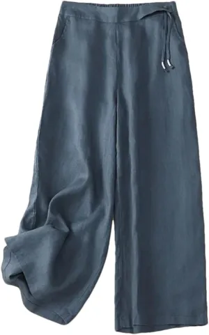 Women's Summer Wide-Leg Pants  High Waist Elastic Cotton Linen Loose Fit Straight-Leg Casual Trousers