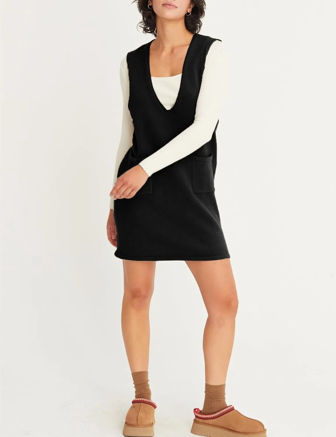 Womens Sweater Vest Dress V Neck Sleeveless Knit Pullover Pinafore Mini Dress with Pockets