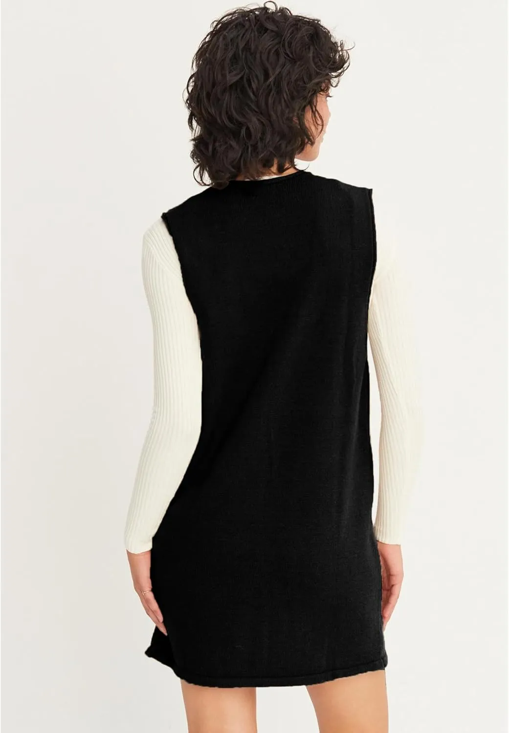 Womens Sweater Vest Dress V Neck Sleeveless Knit Pullover Pinafore Mini Dress with Pockets