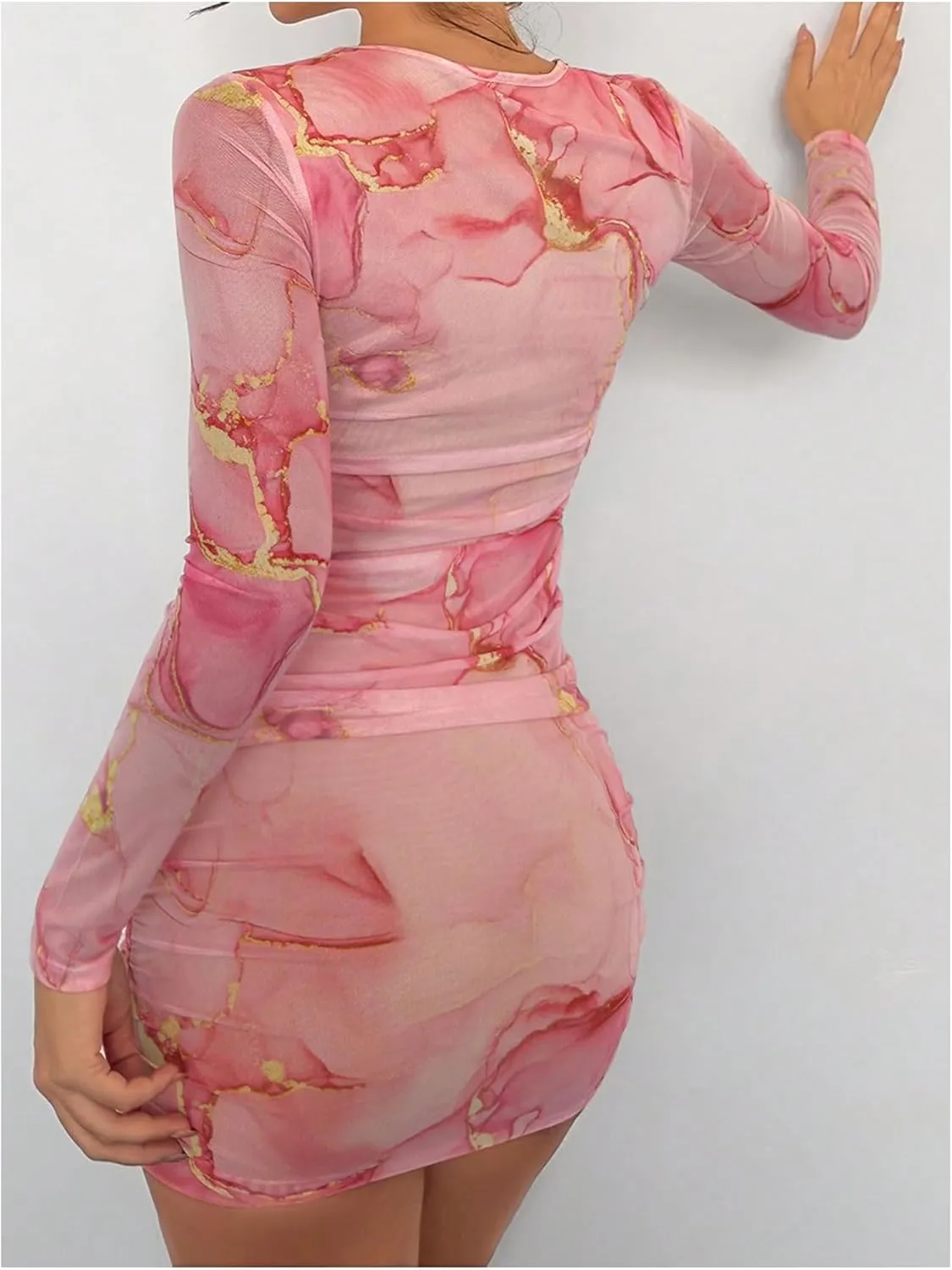 Women's Tie Dye Long Sleeve Bodycon Mini Dress Mesh Sheer Crew Neck Ruched Party Dresses