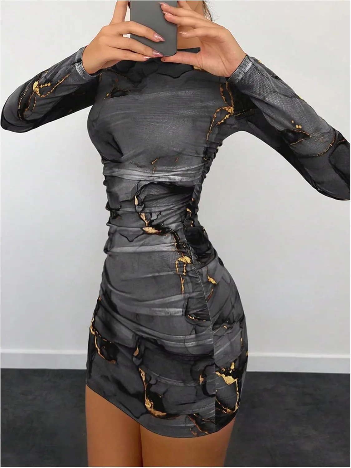 Women's Tie Dye Long Sleeve Bodycon Mini Dress Mesh Sheer Crew Neck Ruched Party Dresses