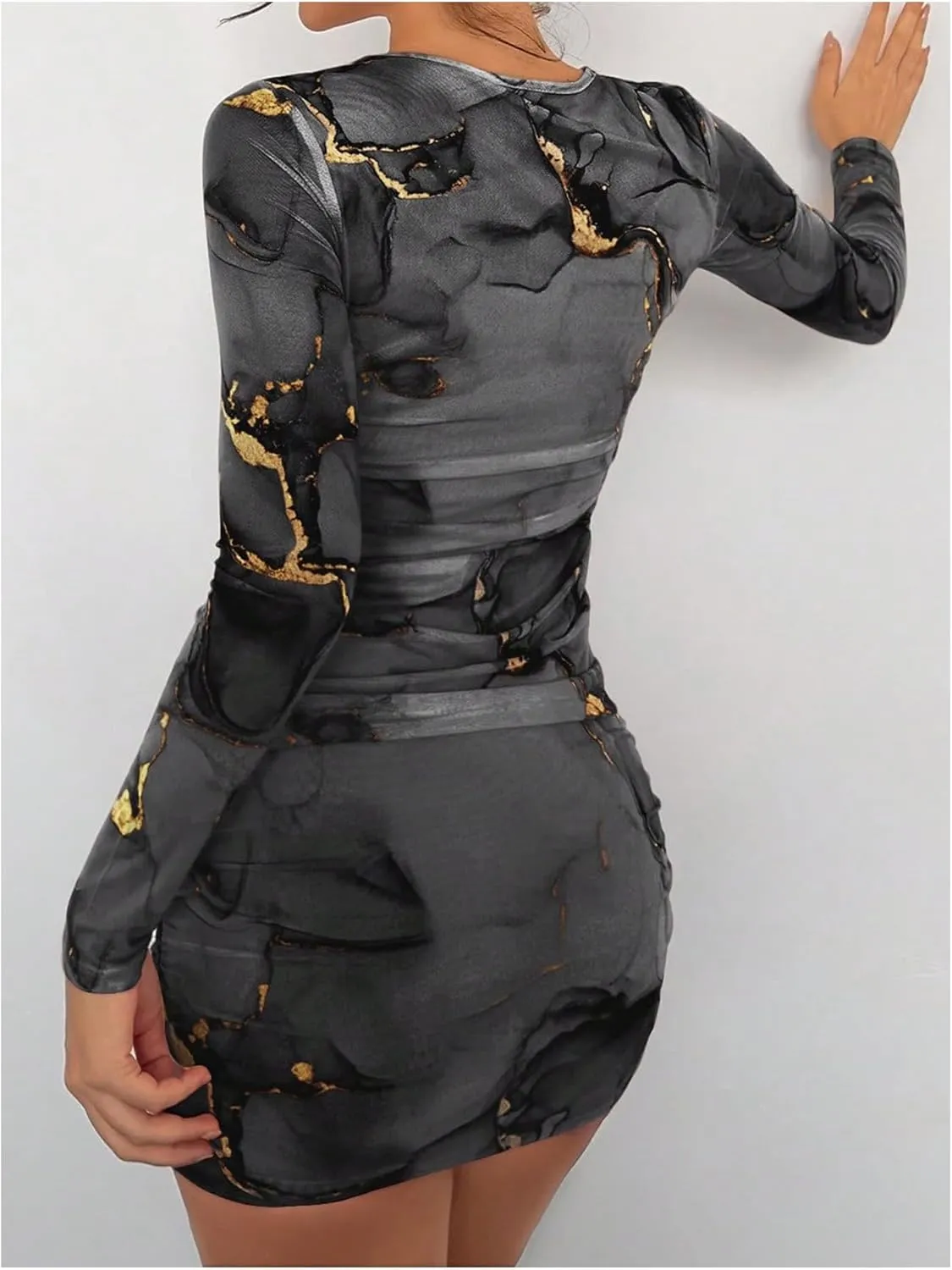 Women's Tie Dye Long Sleeve Bodycon Mini Dress Mesh Sheer Crew Neck Ruched Party Dresses