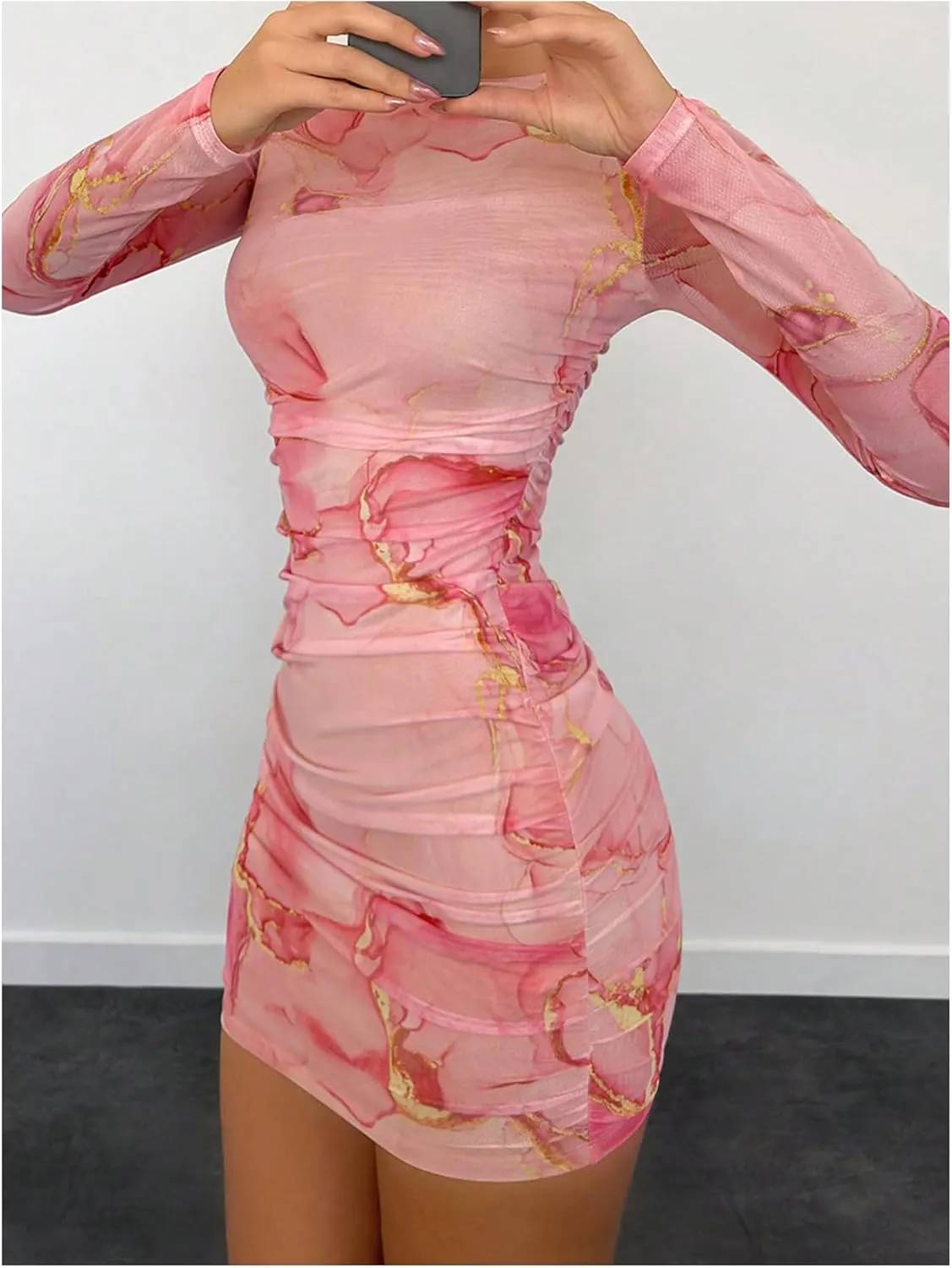 Women's Tie Dye Long Sleeve Bodycon Mini Dress Mesh Sheer Crew Neck Ruched Party Dresses