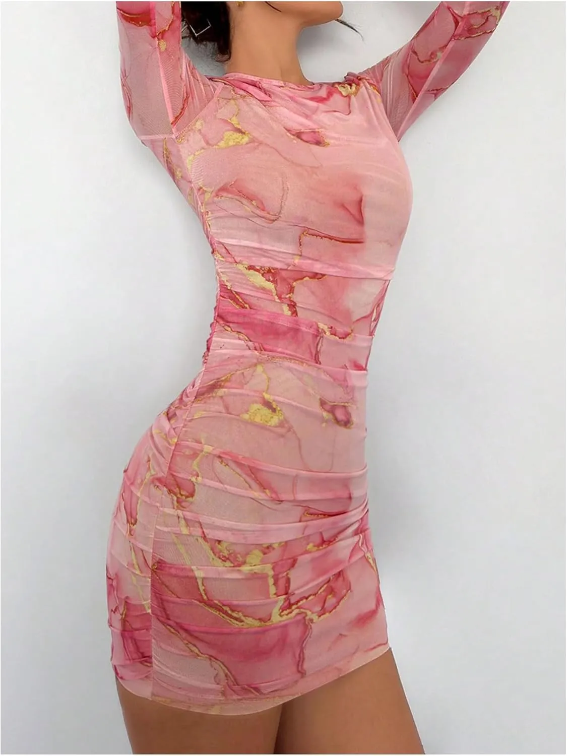 Women's Tie Dye Long Sleeve Bodycon Mini Dress Mesh Sheer Crew Neck Ruched Party Dresses