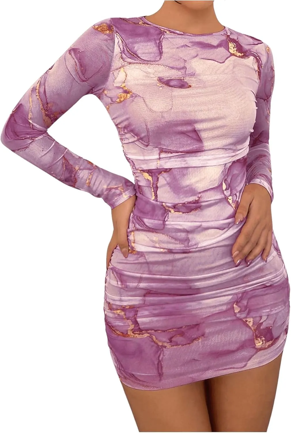 Women's Tie Dye Long Sleeve Bodycon Mini Dress Mesh Sheer Crew Neck Ruched Party Dresses