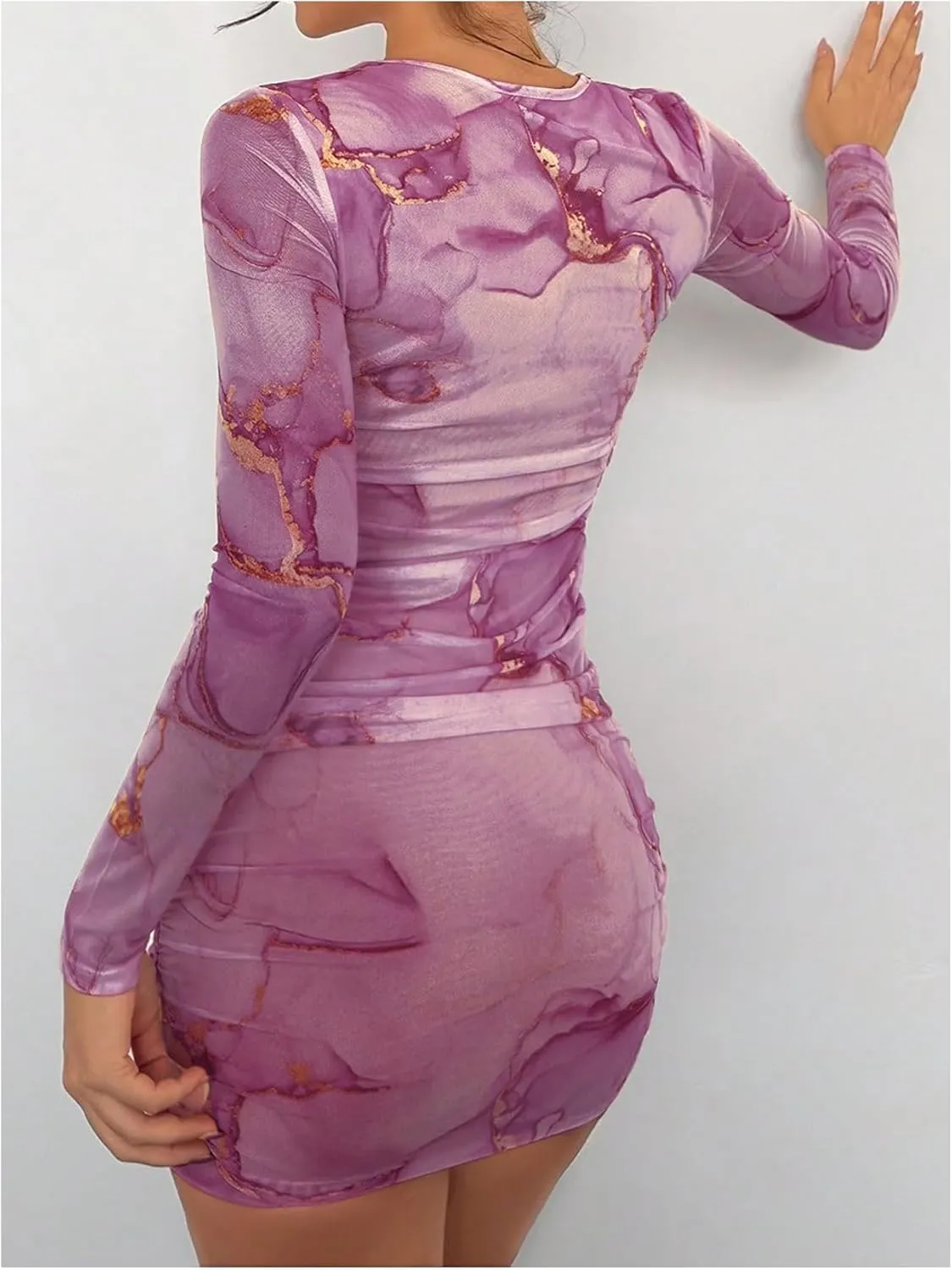 Women's Tie Dye Long Sleeve Bodycon Mini Dress Mesh Sheer Crew Neck Ruched Party Dresses