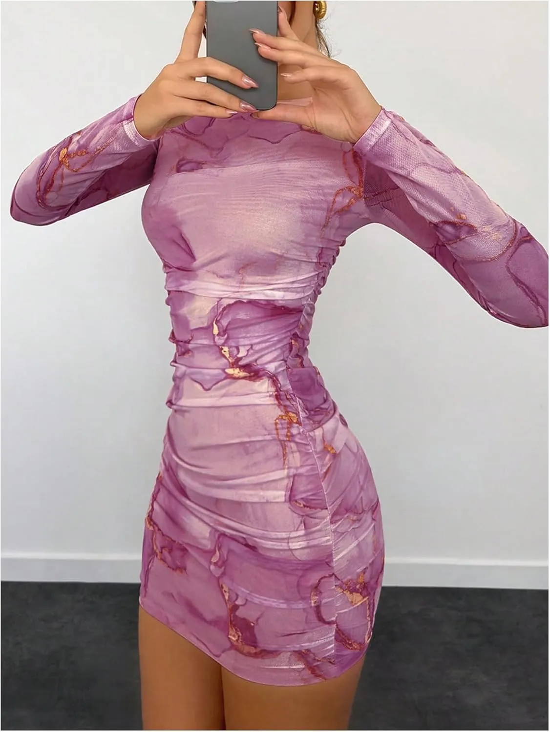 Women's Tie Dye Long Sleeve Bodycon Mini Dress Mesh Sheer Crew Neck Ruched Party Dresses