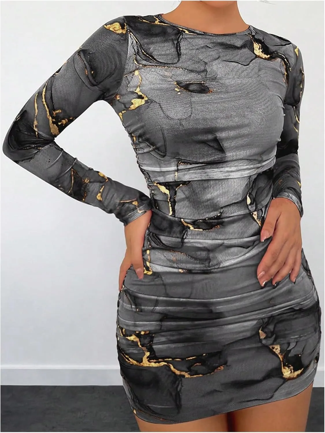Women's Tie Dye Long Sleeve Bodycon Mini Dress Mesh Sheer Crew Neck Ruched Party Dresses