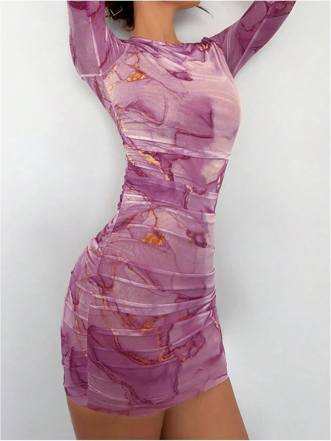 Women's Tie Dye Long Sleeve Bodycon Mini Dress Mesh Sheer Crew Neck Ruched Party Dresses