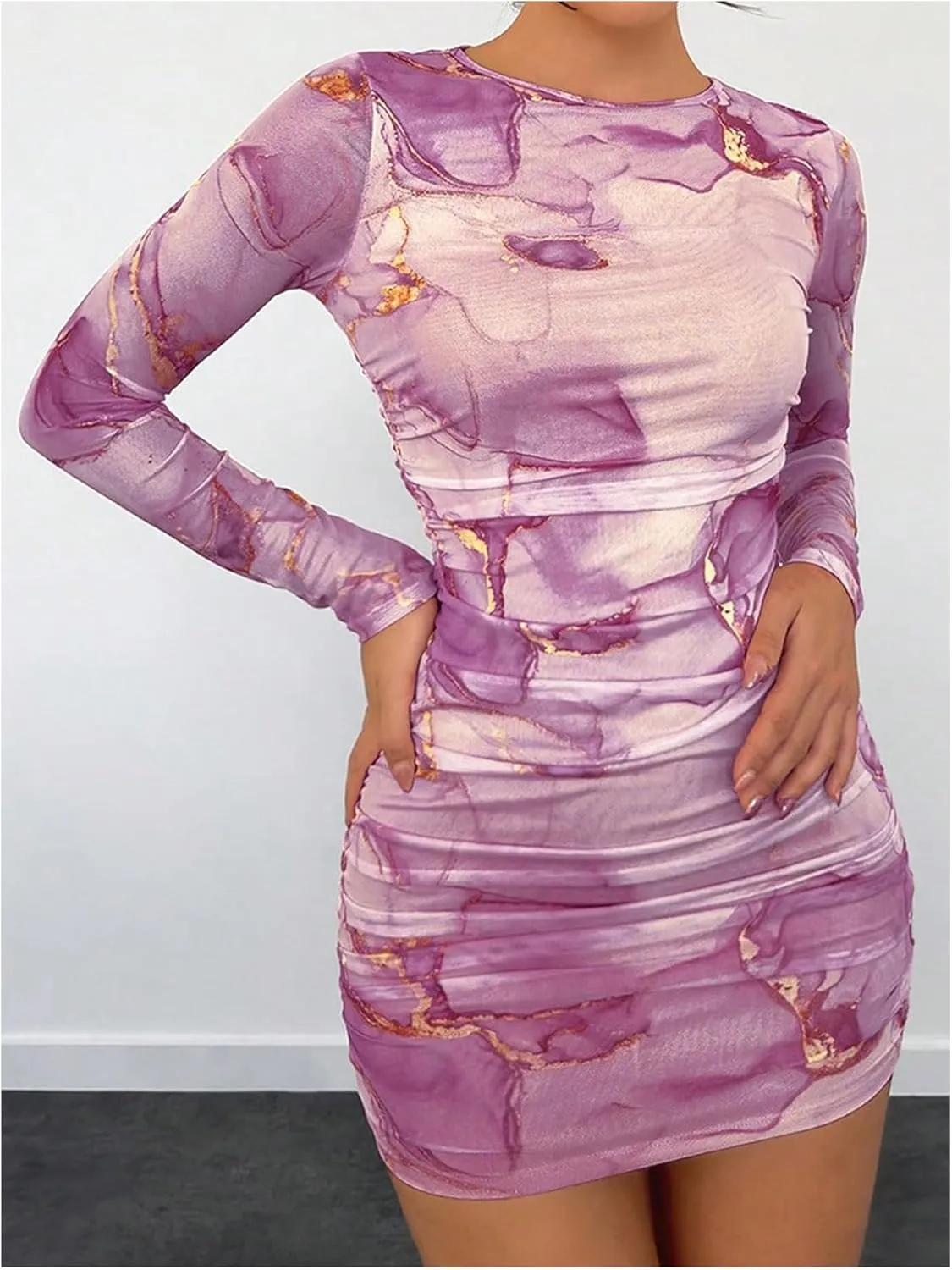 Women's Tie Dye Long Sleeve Bodycon Mini Dress Mesh Sheer Crew Neck Ruched Party Dresses