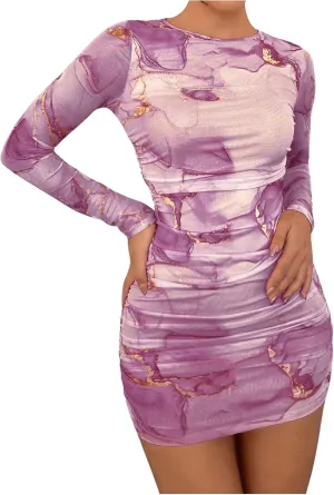 Women's Tie Dye Long Sleeve Bodycon Mini Dress Mesh Sheer Crew Neck Ruched Party Dresses