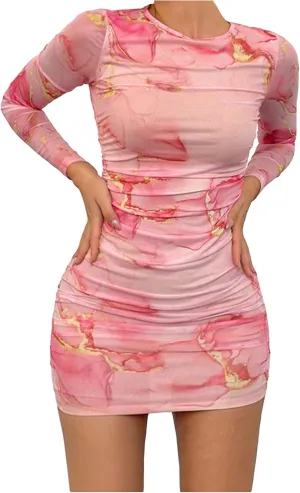 Women's Tie Dye Long Sleeve Bodycon Mini Dress Mesh Sheer Crew Neck Ruched Party Dresses