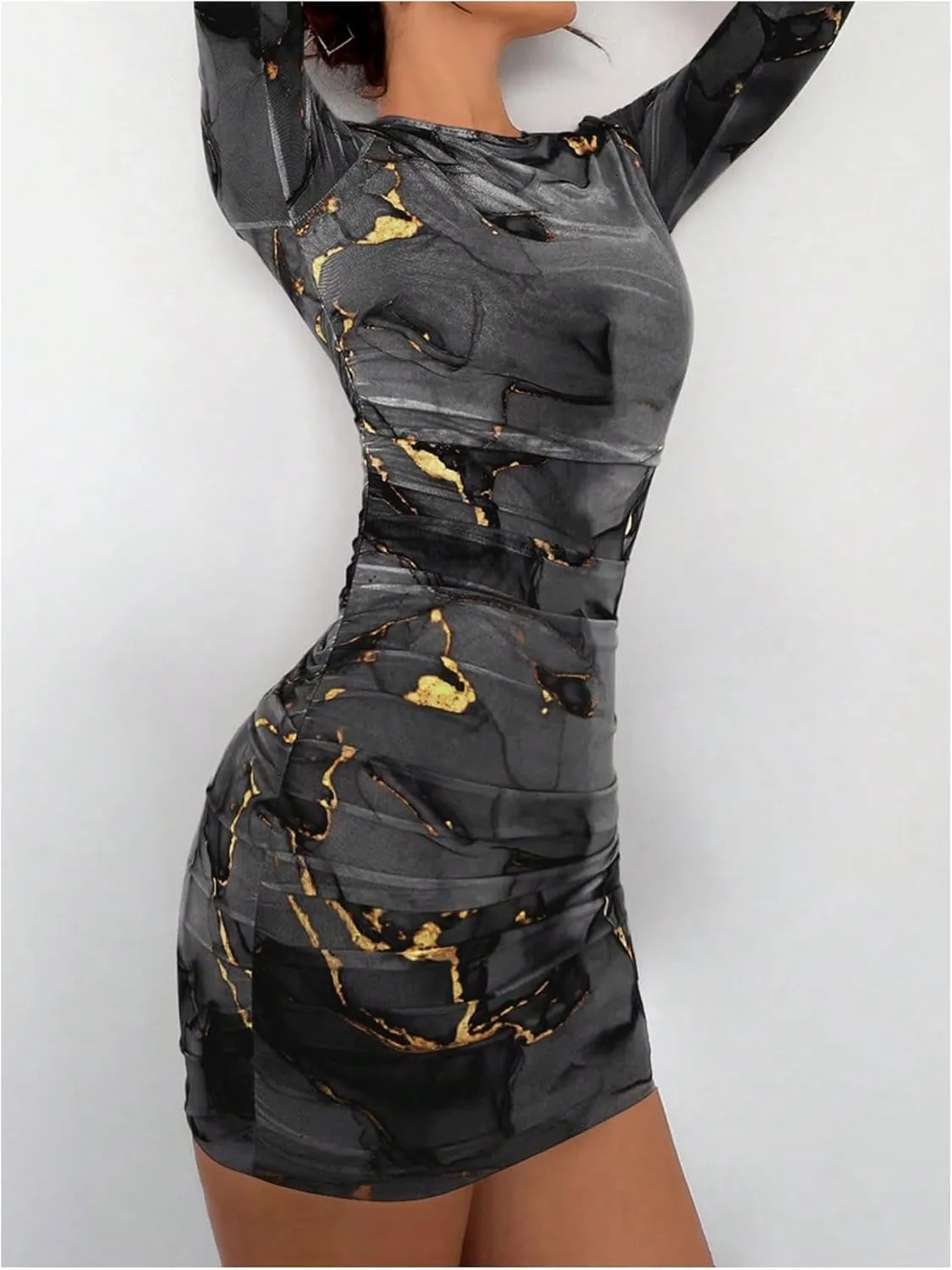 Women's Tie Dye Long Sleeve Bodycon Mini Dress Mesh Sheer Crew Neck Ruched Party Dresses