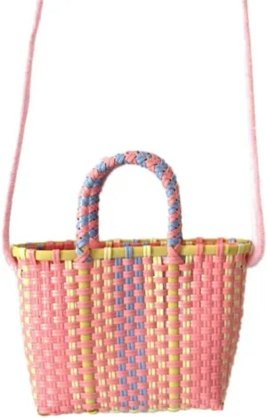 Women's Tote Handbags, Woven Bag Colorful Plastic Strip Handle Small Cute Fashionable Square Bag for Summer Beach(Pink)