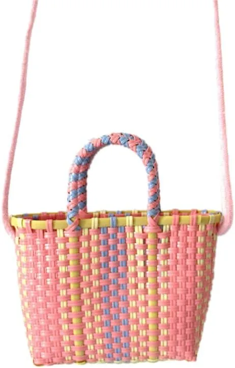 Women's Tote Handbags, Woven Bag Colorful Plastic Strip Handle Small Cute Fashionable Square Bag for Summer Beach(Pink)