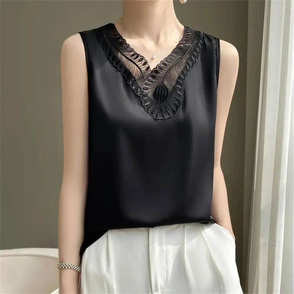 Women's V-Neck Lace Satin Camisole Top Summer Sleeveless Strap Bottoming T-Shirt Vest