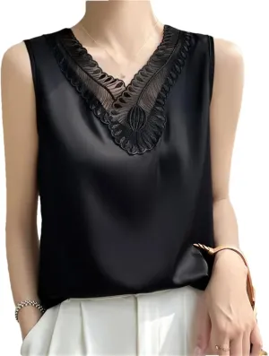 Women's V-Neck Lace Satin Camisole Top Summer Sleeveless Strap Bottoming T-Shirt Vest