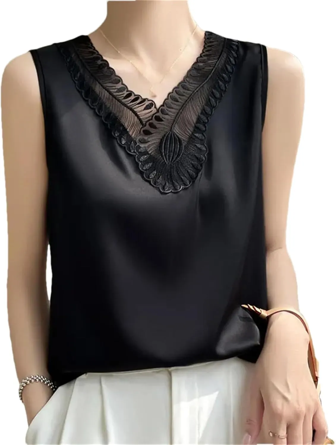 Women's V-Neck Lace Satin Camisole Top Summer Sleeveless Strap Bottoming T-Shirt Vest