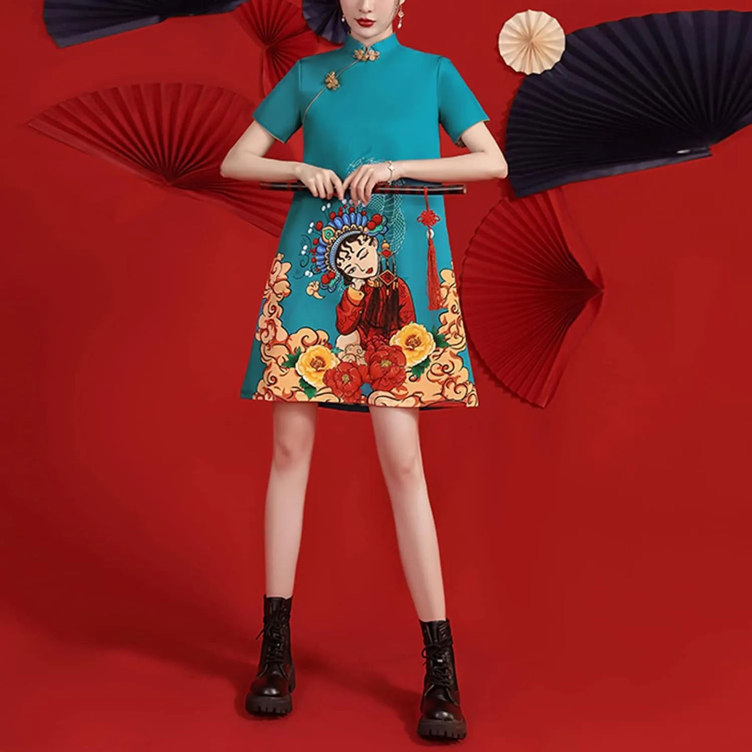 Women's Vintage Chinese Cheongsam Print Dress Short Sleeve Retro Side Slit Mini Loose Dress