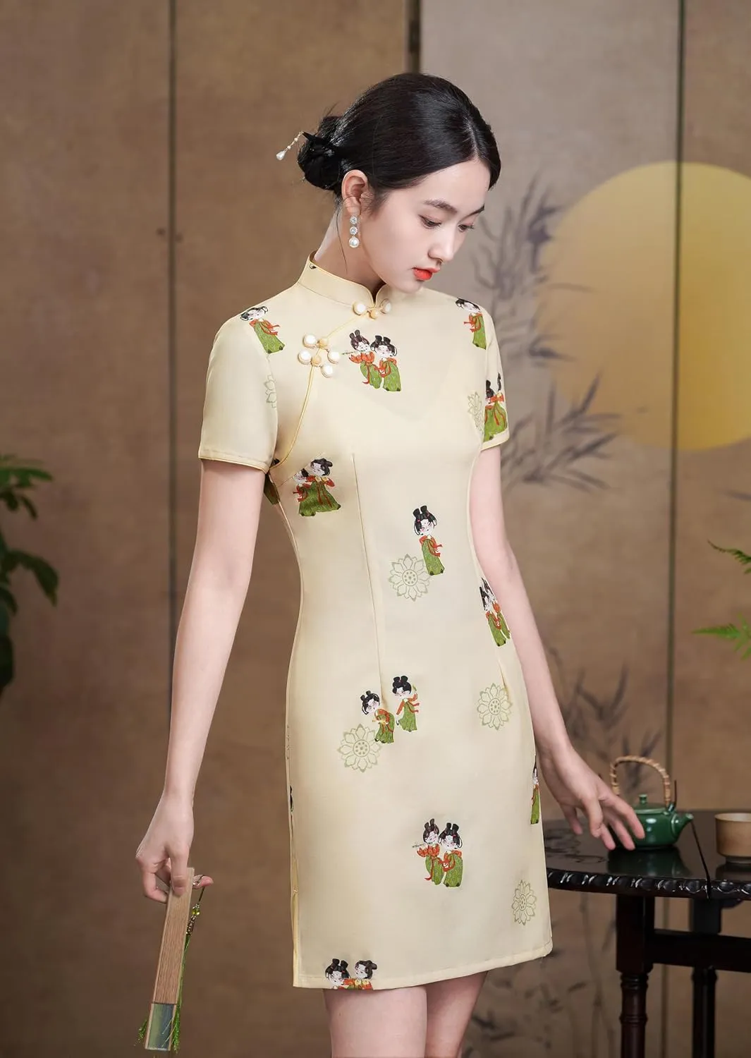 Women's Vintage Chinese Cheongsam Print Dress Short Sleeve Retro Side Slit Mini Loose Dress