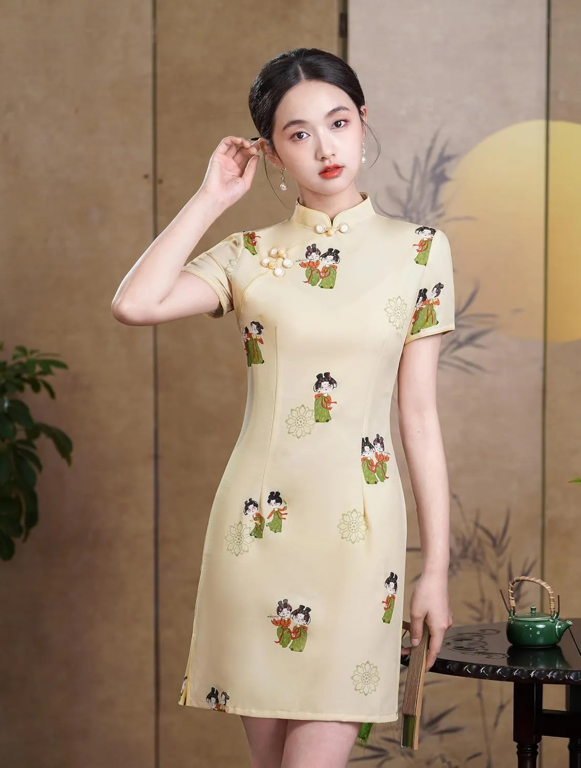 Women's Vintage Chinese Cheongsam Print Dress Short Sleeve Retro Side Slit Mini Loose Dress