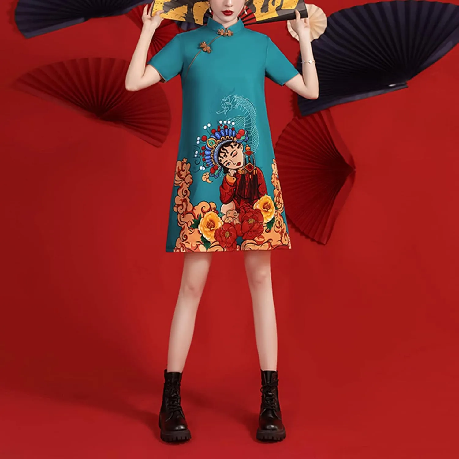 Women's Vintage Chinese Cheongsam Print Dress Short Sleeve Retro Side Slit Mini Loose Dress