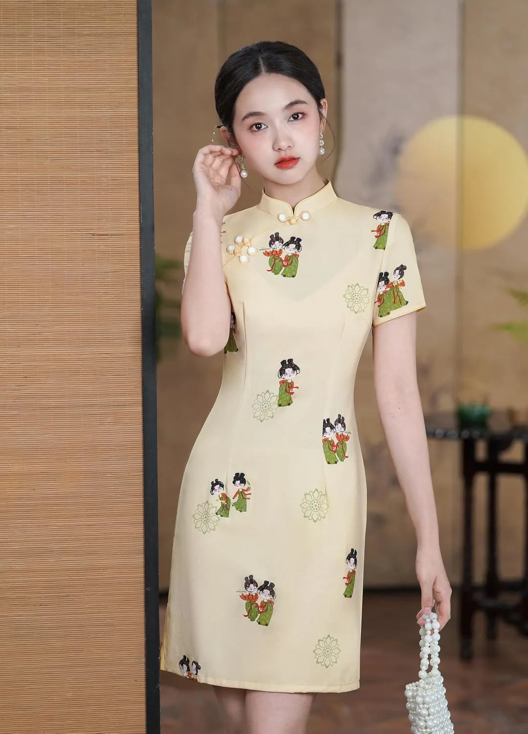 Women's Vintage Chinese Cheongsam Print Dress Short Sleeve Retro Side Slit Mini Loose Dress