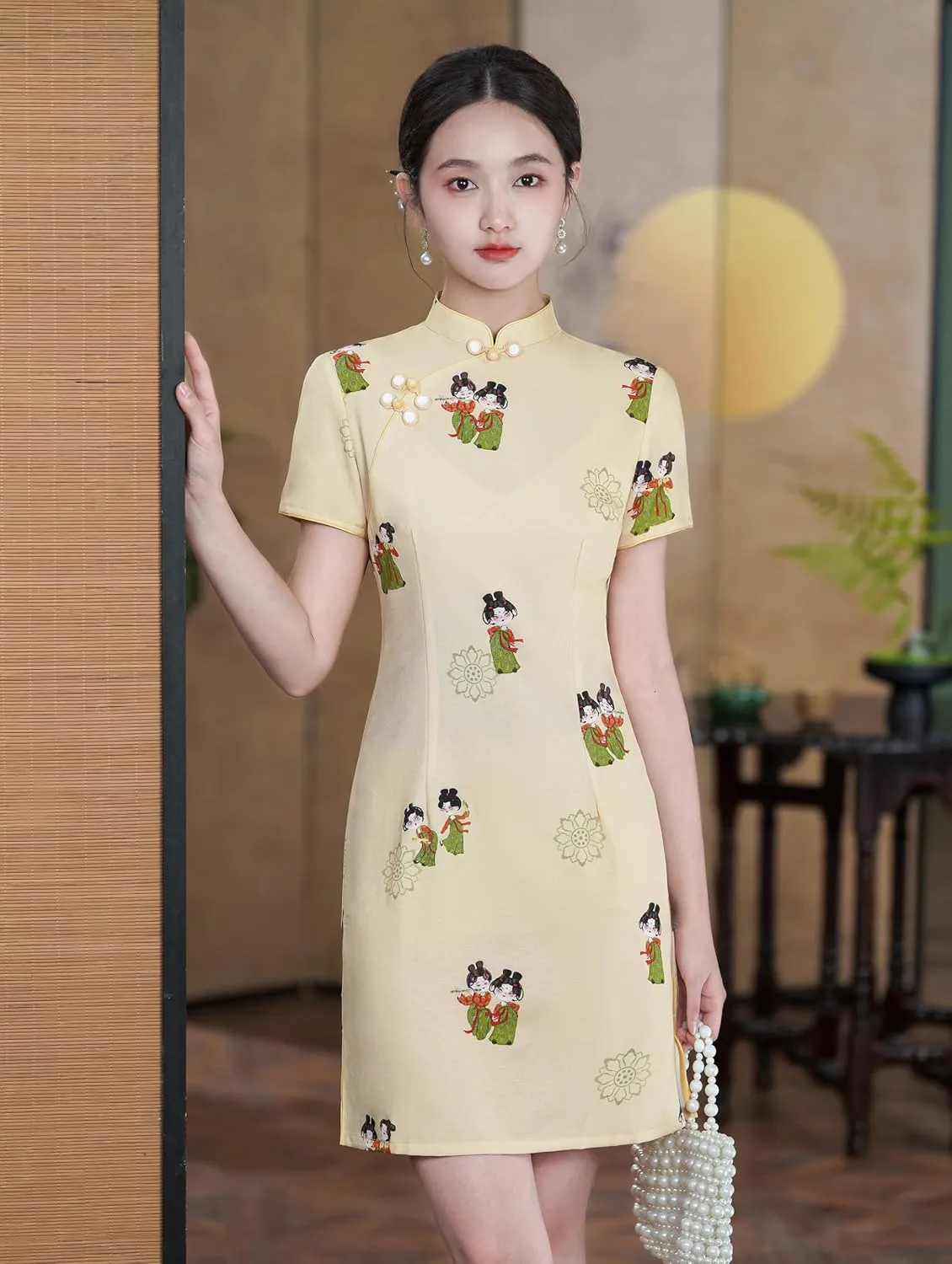 Women's Vintage Chinese Cheongsam Print Dress Short Sleeve Retro Side Slit Mini Loose Dress