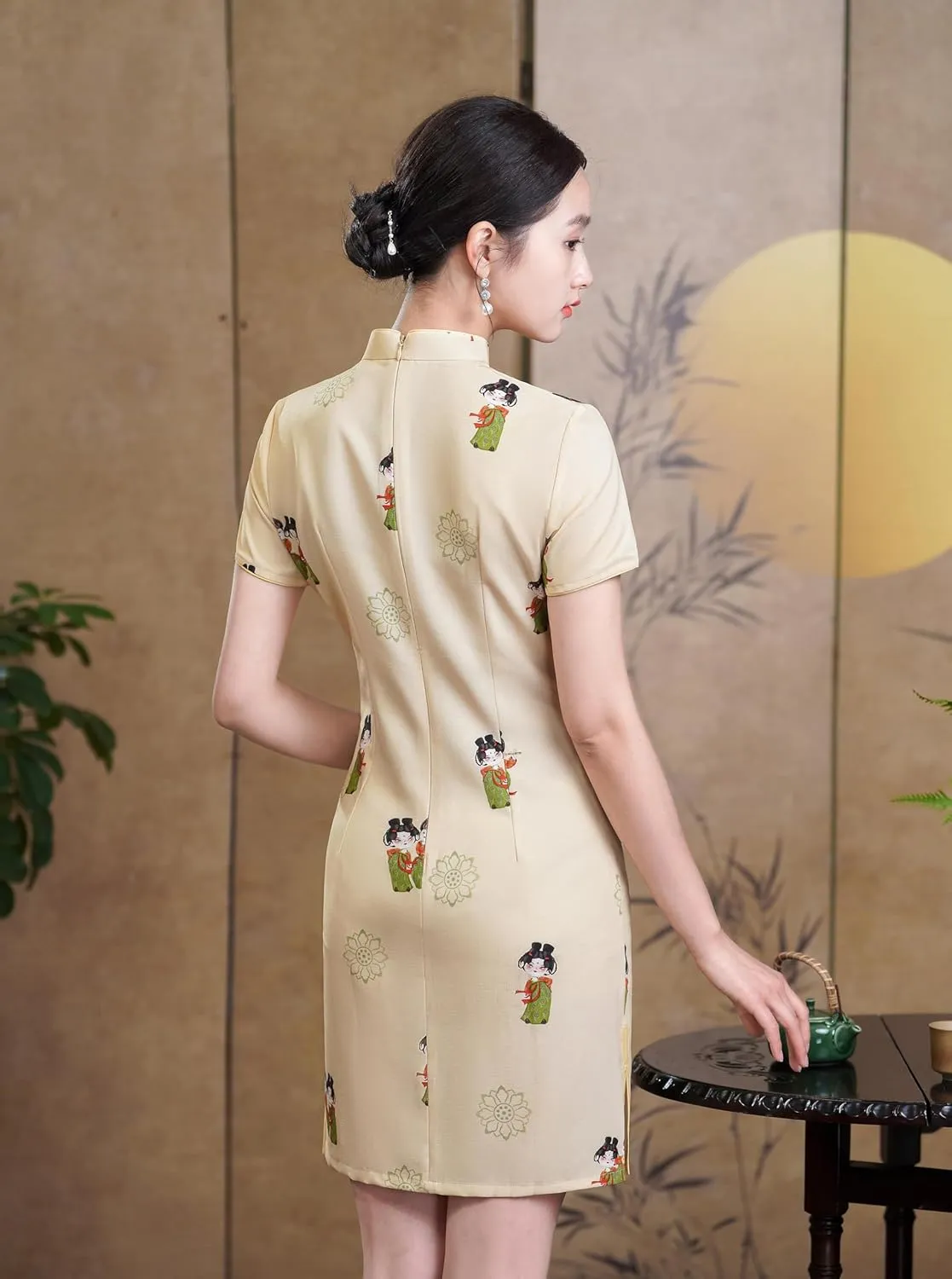 Women's Vintage Chinese Cheongsam Print Dress Short Sleeve Retro Side Slit Mini Loose Dress