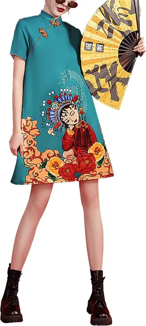 Women's Vintage Chinese Cheongsam Print Dress Short Sleeve Retro Side Slit Mini Loose Dress