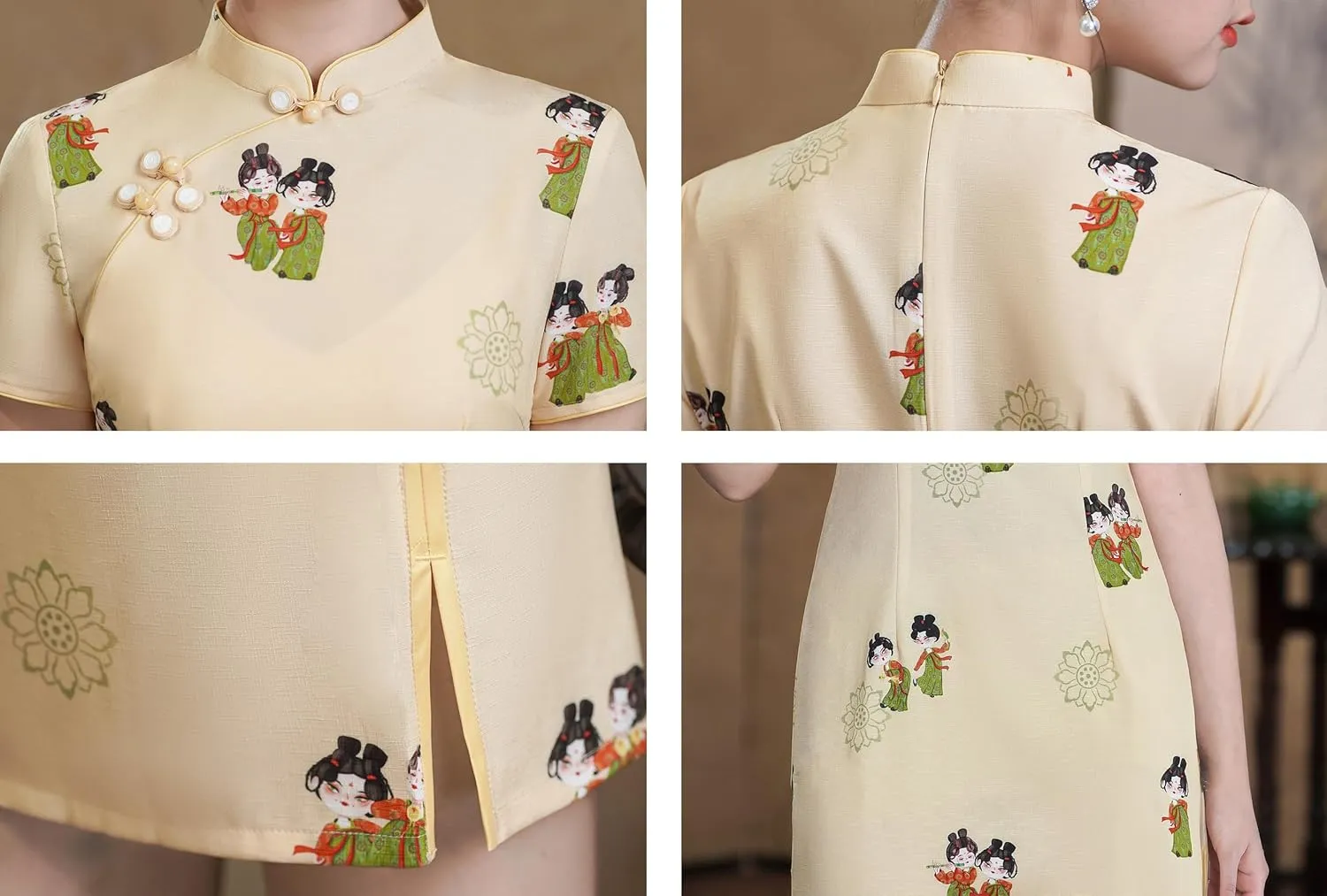 Women's Vintage Chinese Cheongsam Print Dress Short Sleeve Retro Side Slit Mini Loose Dress