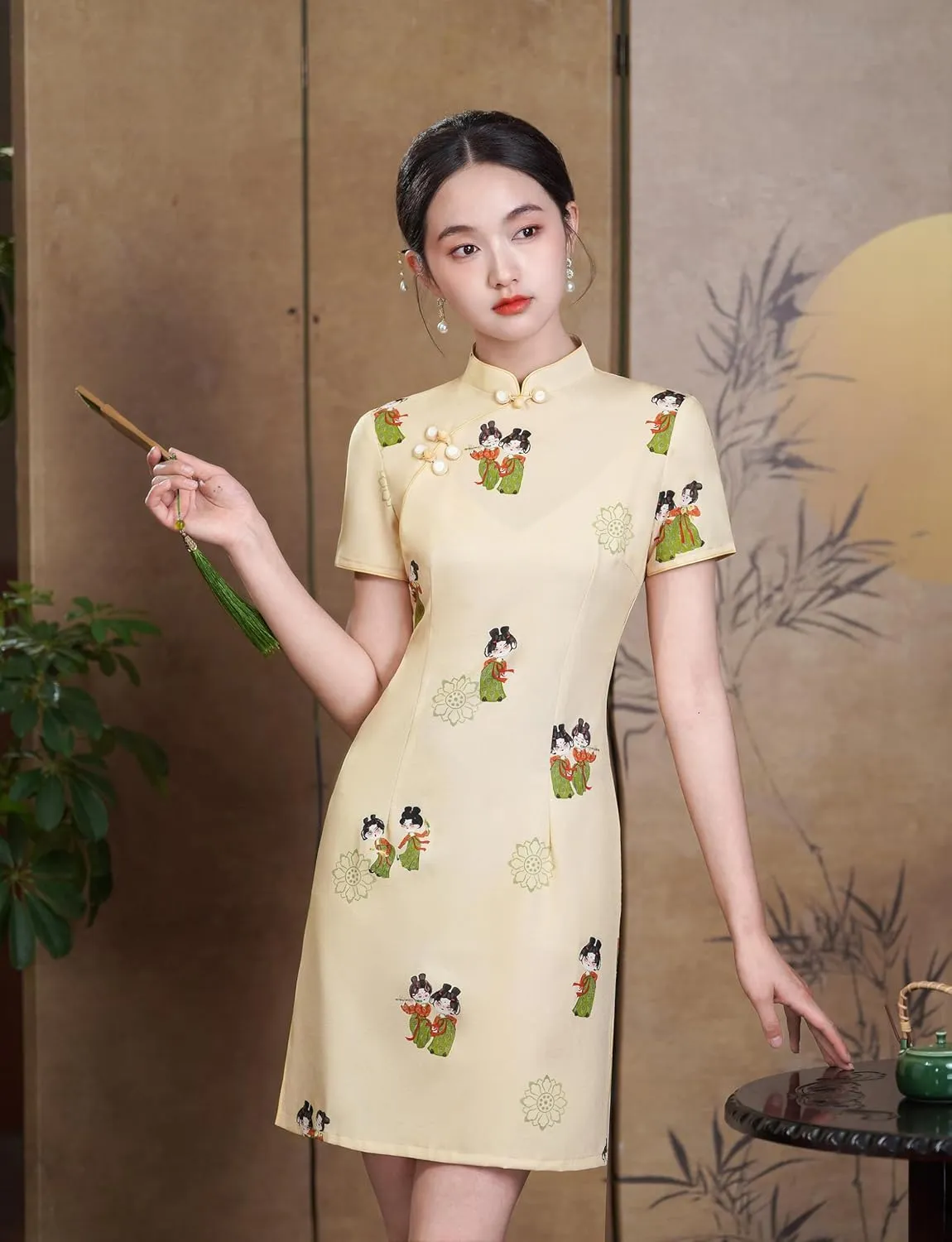 Women's Vintage Chinese Cheongsam Print Dress Short Sleeve Retro Side Slit Mini Loose Dress