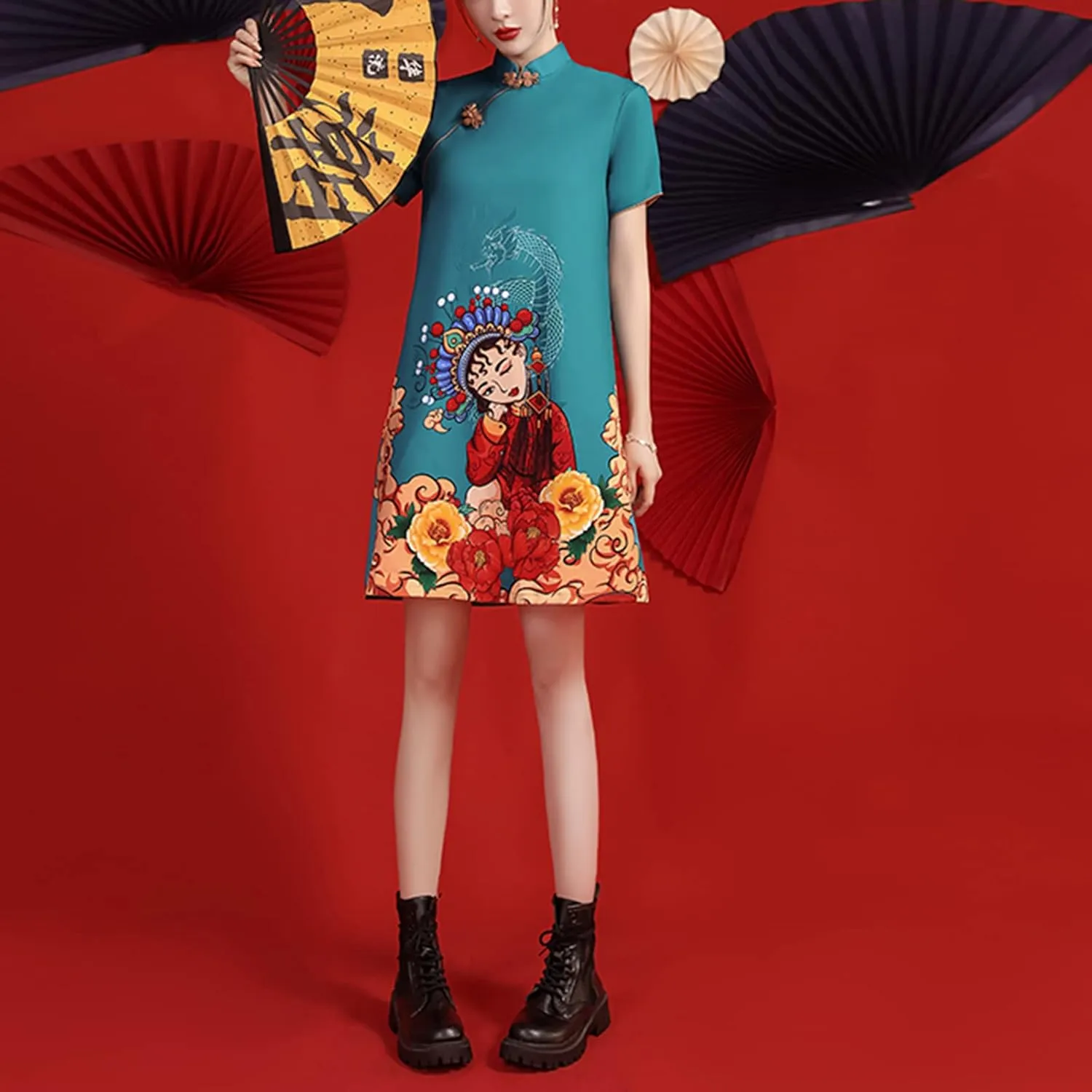 Women's Vintage Chinese Cheongsam Print Dress Short Sleeve Retro Side Slit Mini Loose Dress