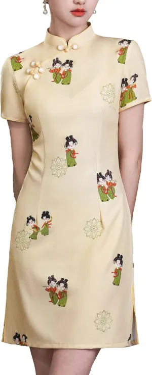 Women's Vintage Chinese Cheongsam Print Dress Short Sleeve Retro Side Slit Mini Loose Dress