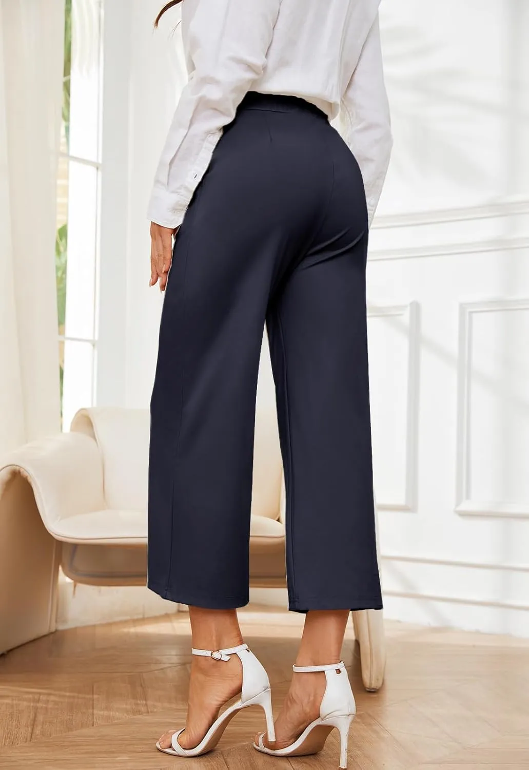 Women's Wide Leg Capri Pants Work Cropped Pants Casual Summer Capris High Waisted Crop Palazzo