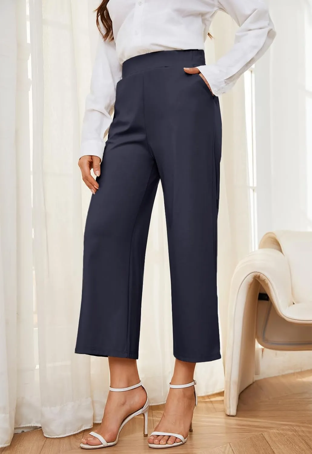 Women's Wide Leg Capri Pants Work Cropped Pants Casual Summer Capris High Waisted Crop Palazzo