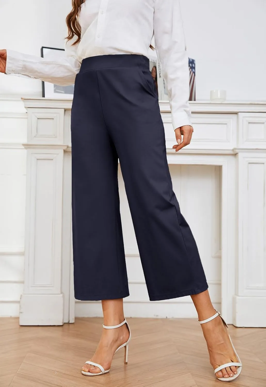 Women's Wide Leg Capri Pants Work Cropped Pants Casual Summer Capris High Waisted Crop Palazzo