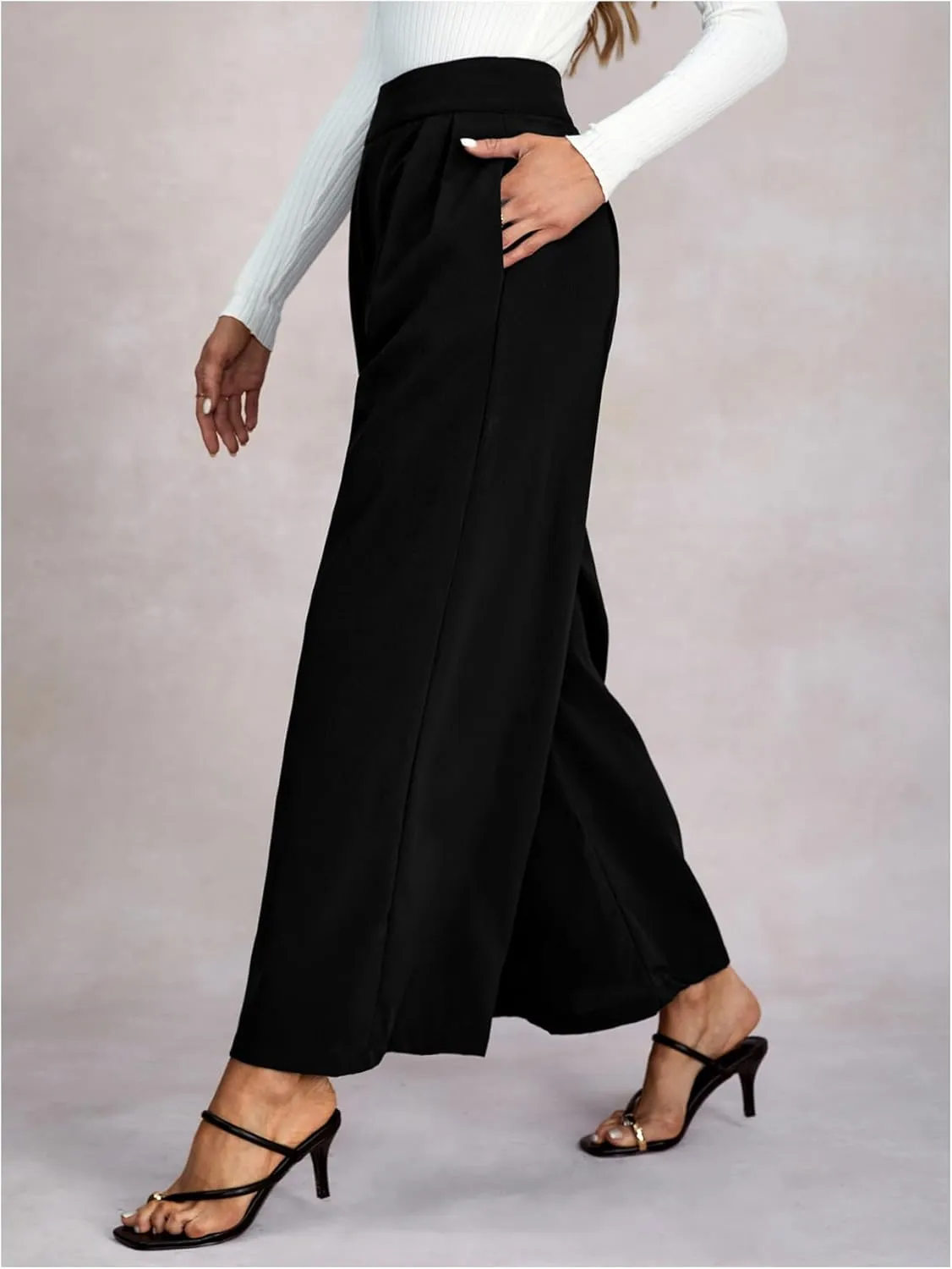 Women's Wide Leg Flowy Pants Pleated High Elastic Waist Loose Dressy Casual Trousers with Pockets