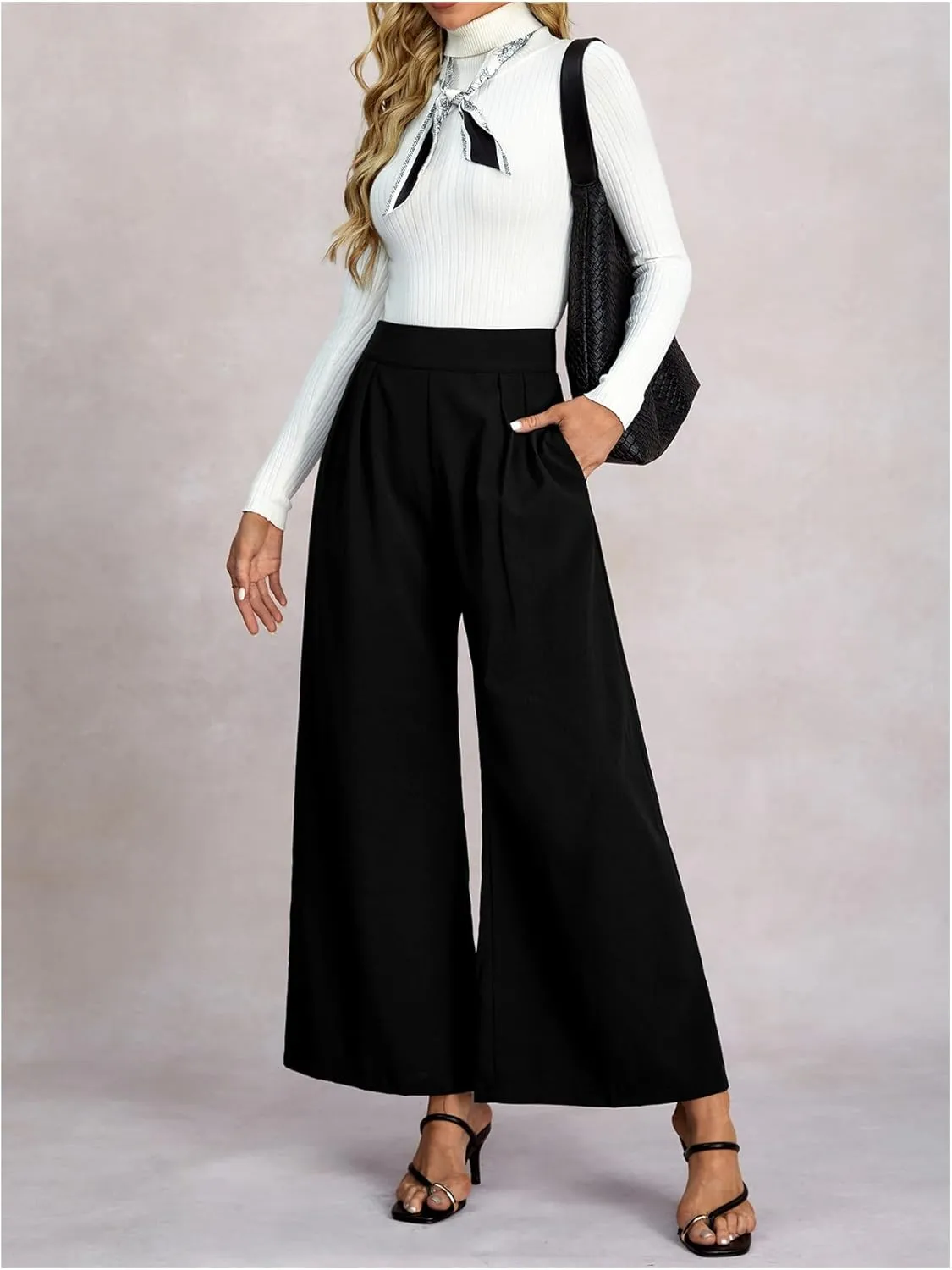 Women's Wide Leg Flowy Pants Pleated High Elastic Waist Loose Dressy Casual Trousers with Pockets
