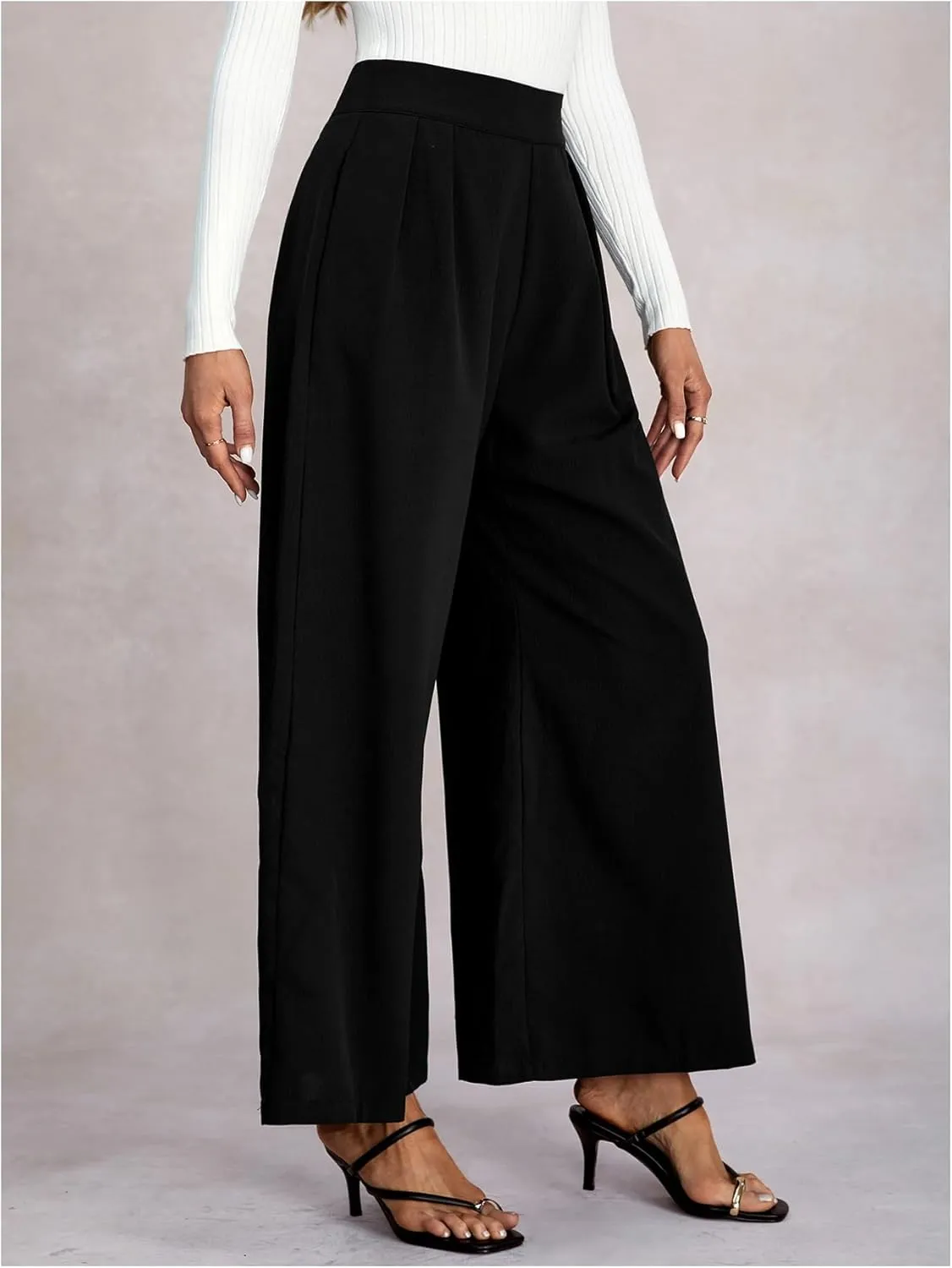 Women's Wide Leg Flowy Pants Pleated High Elastic Waist Loose Dressy Casual Trousers with Pockets