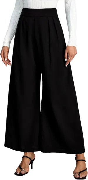 Women's Wide Leg Flowy Pants Pleated High Elastic Waist Loose Dressy Casual Trousers with Pockets