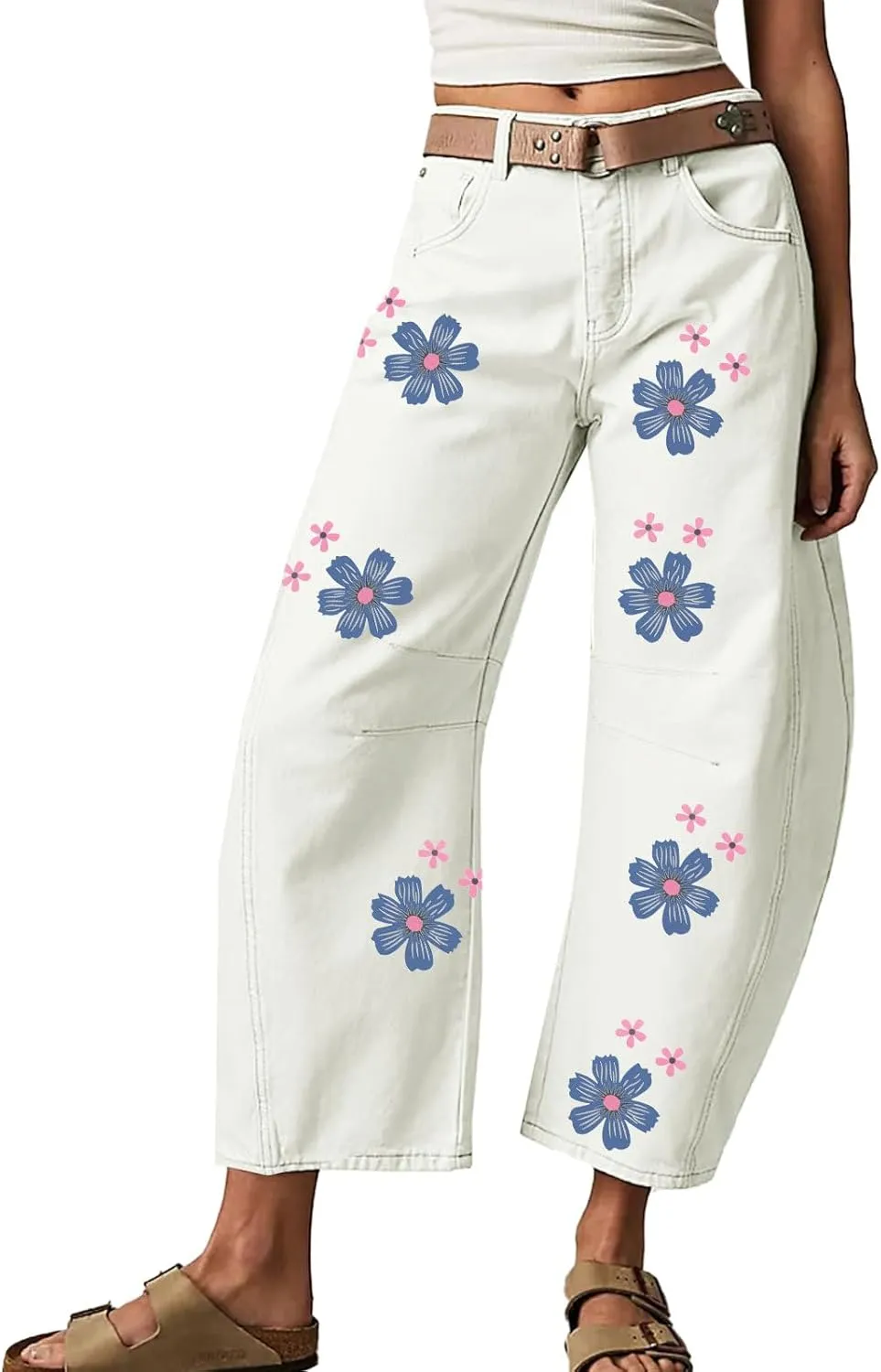 Women's Wide Leg Harem Pants Dandelion Print Baggy High Waisted Palazzo Pants Boho Hippie Trousers with Pockets
