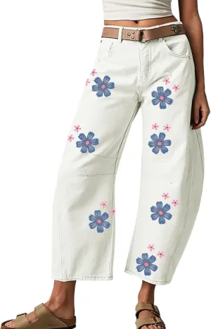Women's Wide Leg Harem Pants Dandelion Print Baggy High Waisted Palazzo Pants Boho Hippie Trousers with Pockets