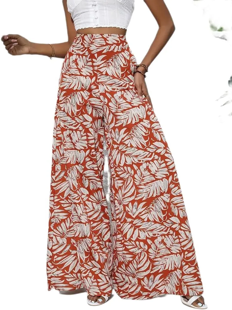 Women's Wide Leg Pants High Waist Loose Floral Casual Boho Trousers Business Work Lounge Pant