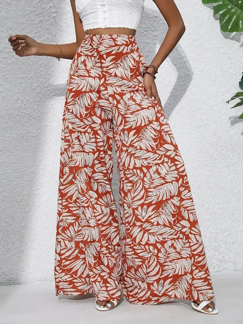 Women's Wide Leg Pants High Waist Loose Floral Casual Boho Trousers Business Work Lounge Pant