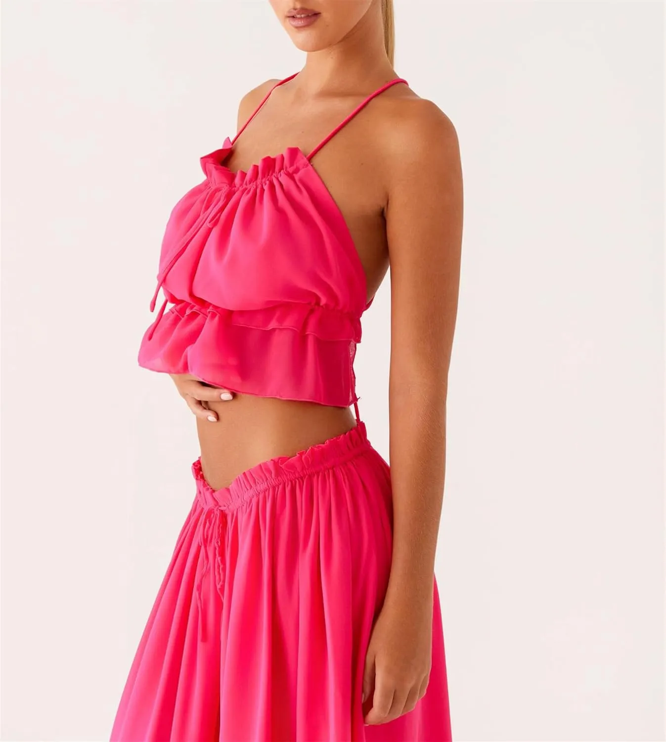Women's Y2k 2 Piece Outfits Shirred Halter Neck Tie-Up Tank Tops and Ruched Ruffle Maxi Skirt Sets Beachwear